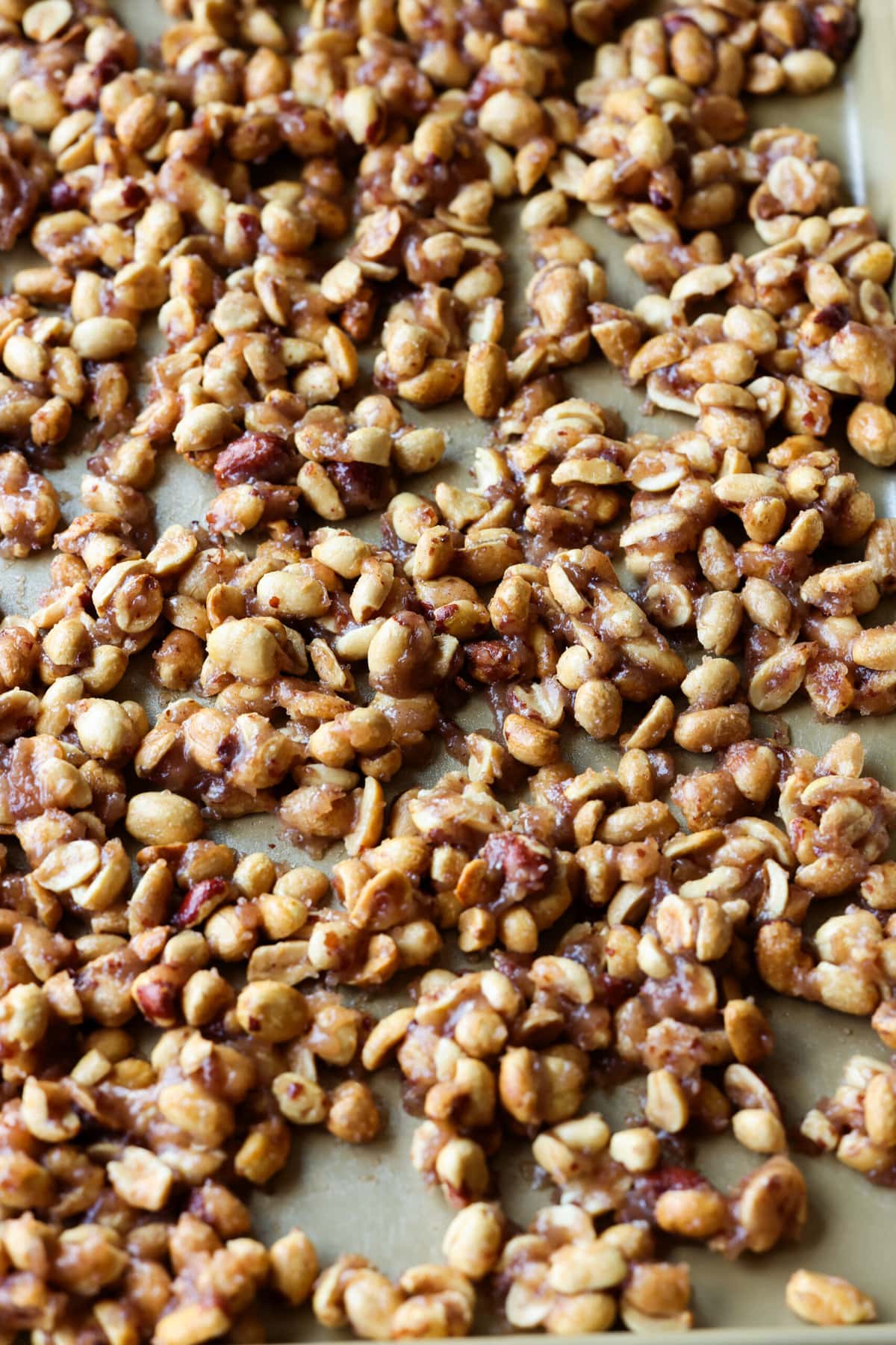Crunchy, buttery, sweet, and salty roasted Butter Toffee Peanuts are easy to make and a great snack to enjoy or gift! Toffee peanuts on a baking sheet
