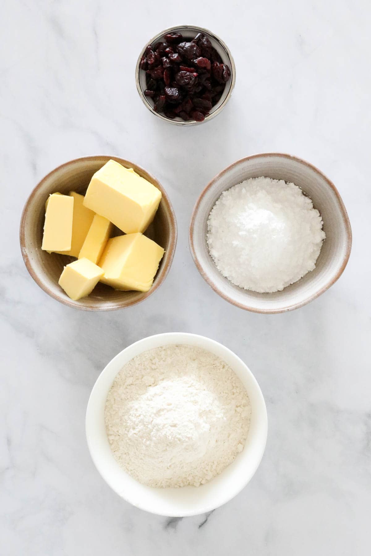 The ingredients for cranberry shortbread.
