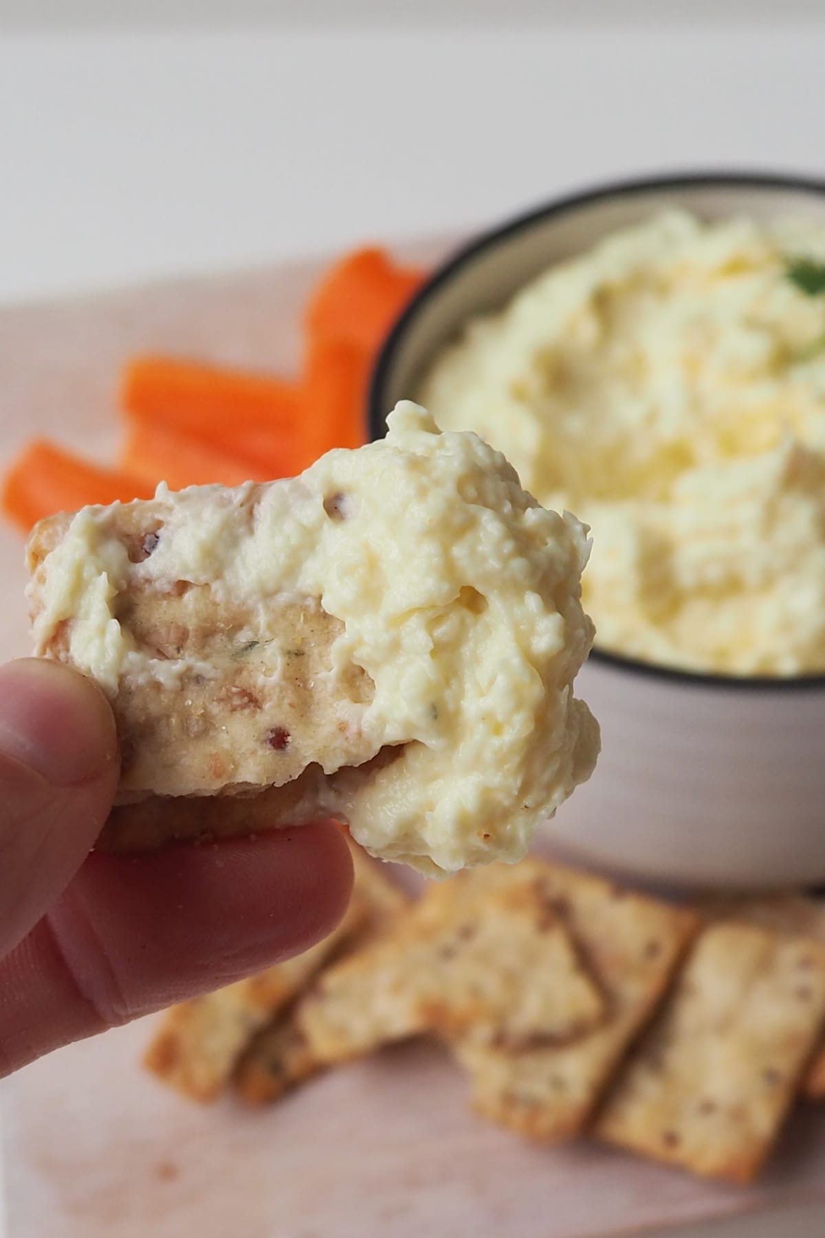 Adult holding a cracker with French onion dip on it.