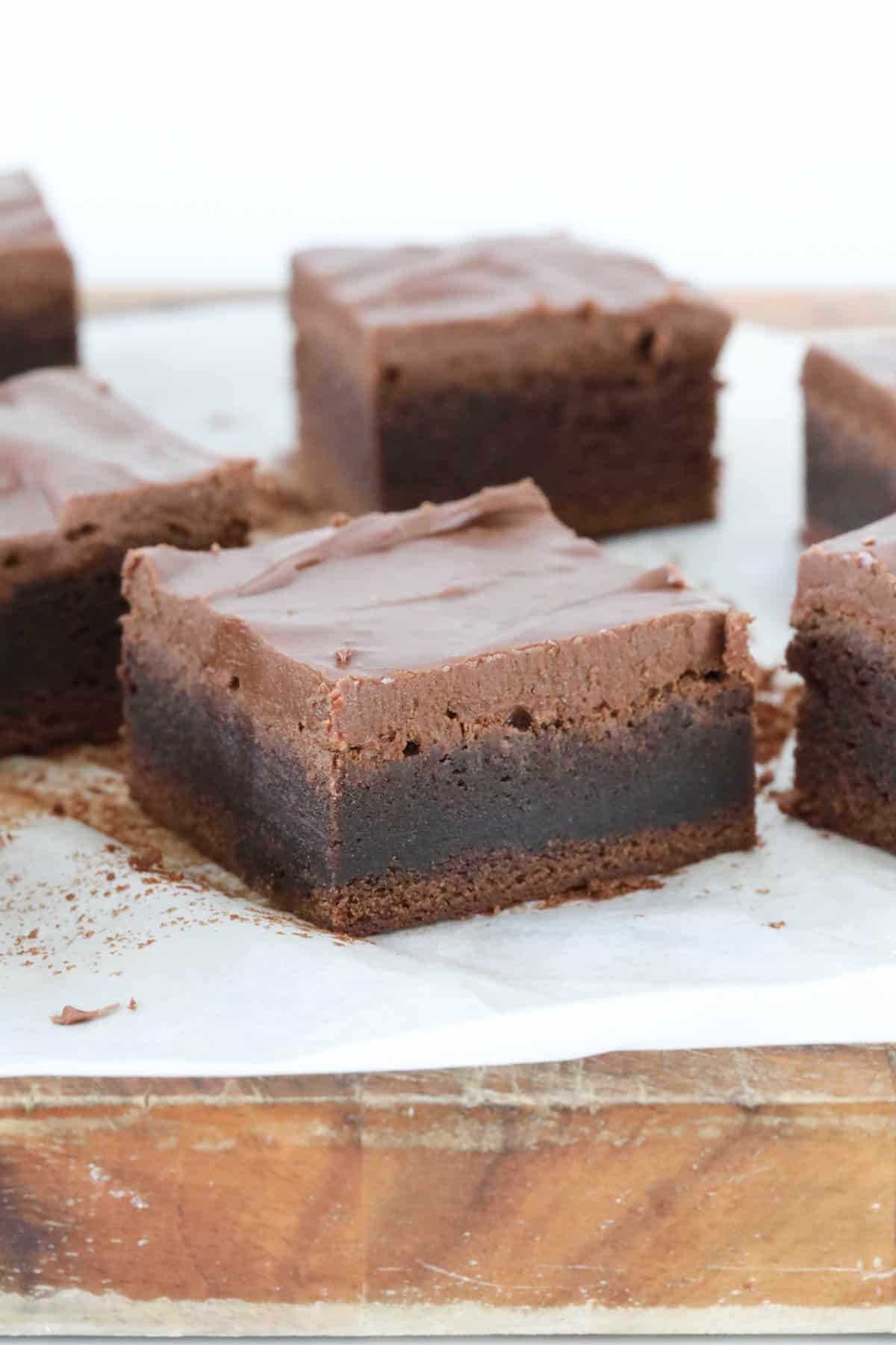 Pieces of frosted peppermint brownies.