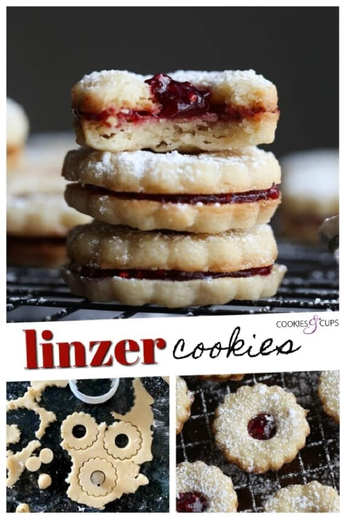 This is the absolute BEST Linzer Cookies recipe ever! These gorgeous and easy cookies are buttery, flaky shortbread filled with sweet jam and dusted with powdered sugar. A Christmas Cookie Classic! Linzer Cookies Pinterest Image Collage