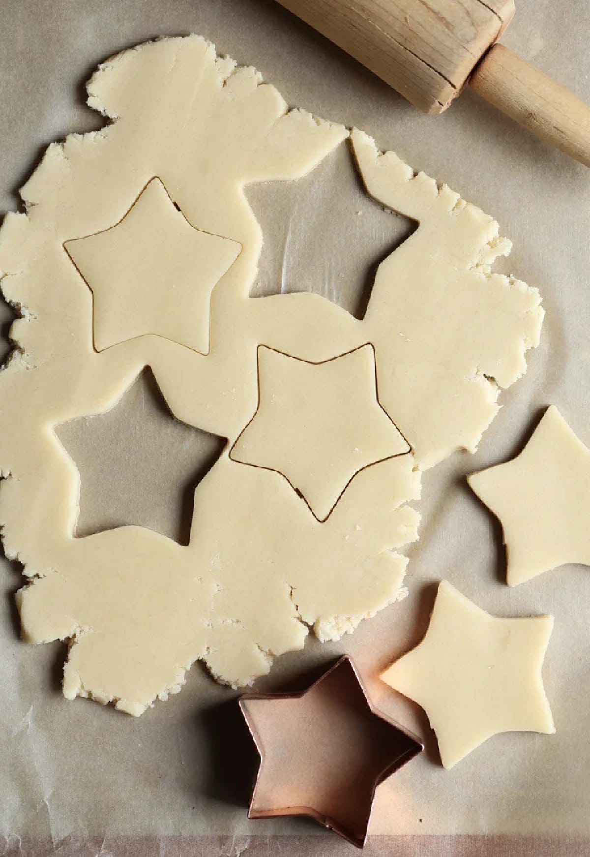 Sugar Cookie dough with star shapes cut out