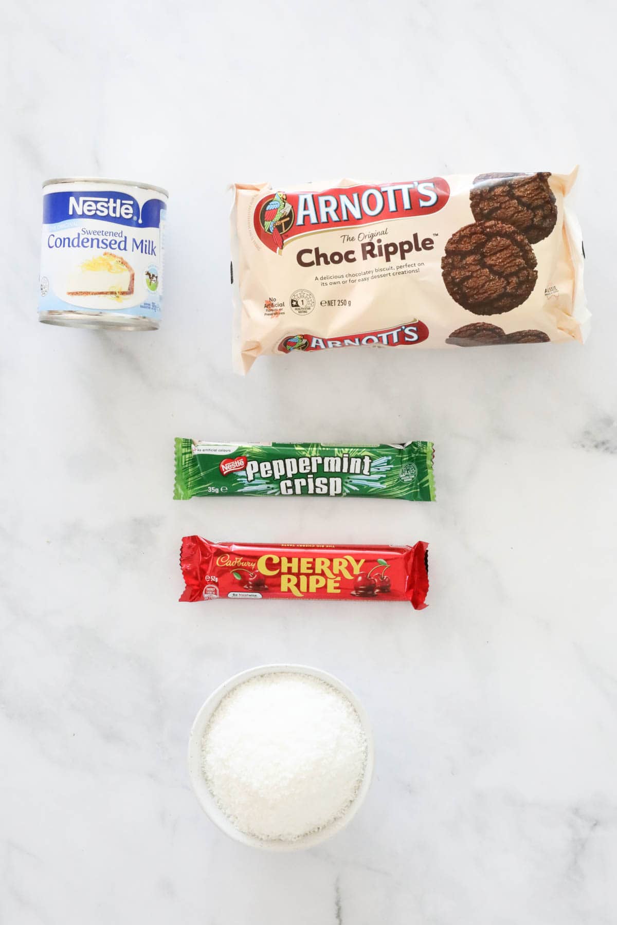 The ingredients for Thermomix Peppermint Crisp & Cherry Ripe Balls.
