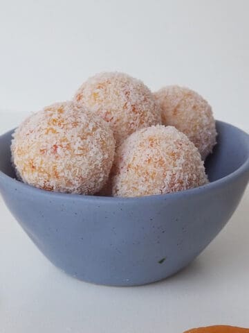 Themomix Apricot Balls sitting in a blue dish.
