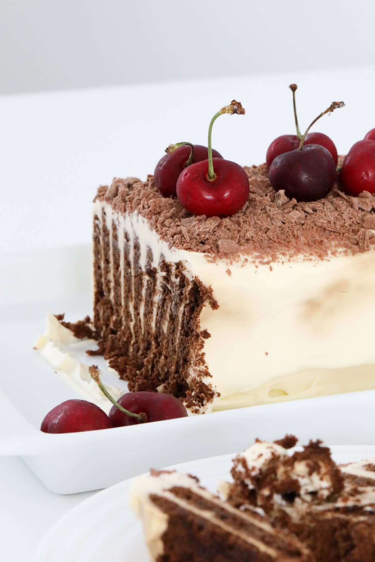 A chocolate ripple cake decorated with cherries and chocolate.
