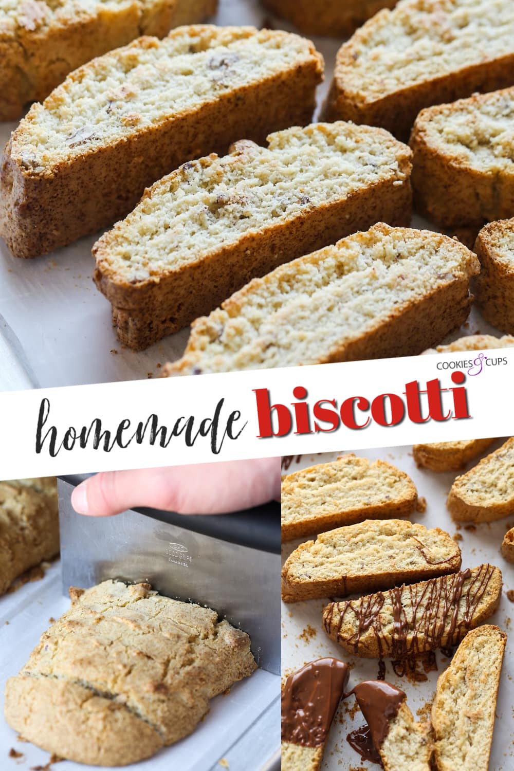 This classic Italian Biscotti recipe is super easy to make and totally customizable! Add sliced almonds or dip them in chocolate! Pinterest image for biscotti.