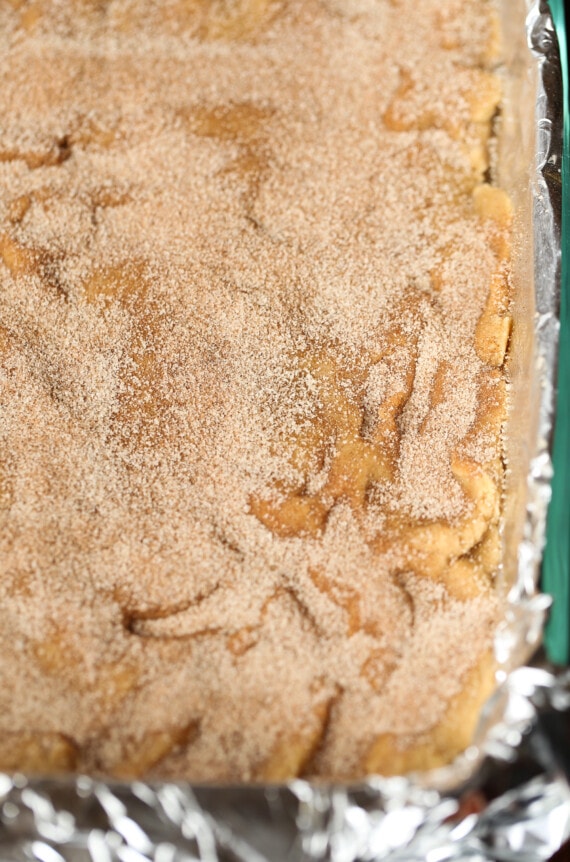 Cookie dough pressed into a 9x13 baking dish topped with cinnamon sugar
