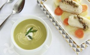 menu-completo-con-merluza-en-vinagreta-verduras-y-crema-de-espárragos