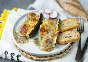 Calabacines rellenenos de champiñones y gambas