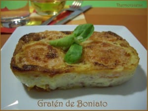 boniato cocico y mezclado con panceta, huevo, cebolla, queso y nata. Horneado y Gratinado.