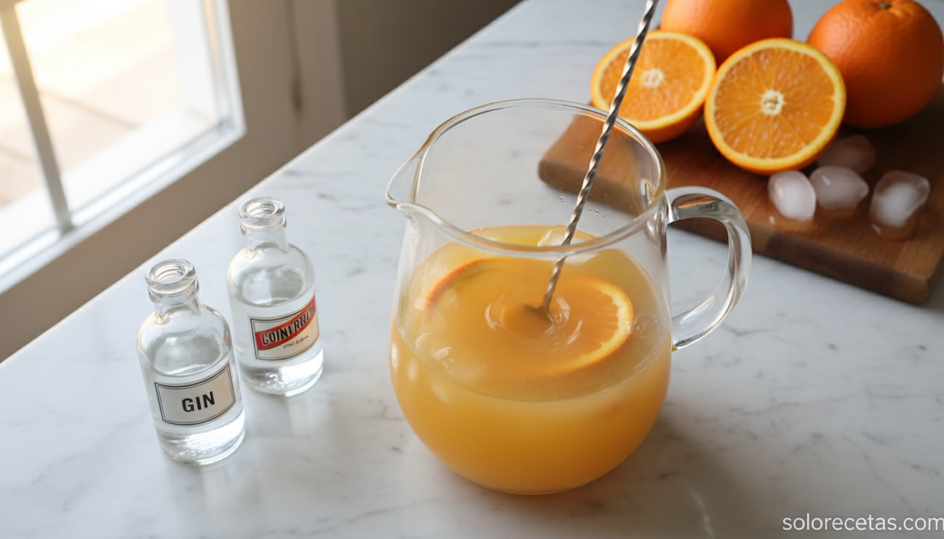 Agua de Valencia: receta auténtica del cóctel valenciano paso a paso 2 Mezclando ginebra vodka y licor de naranja en el zumo para el agua de Valencia