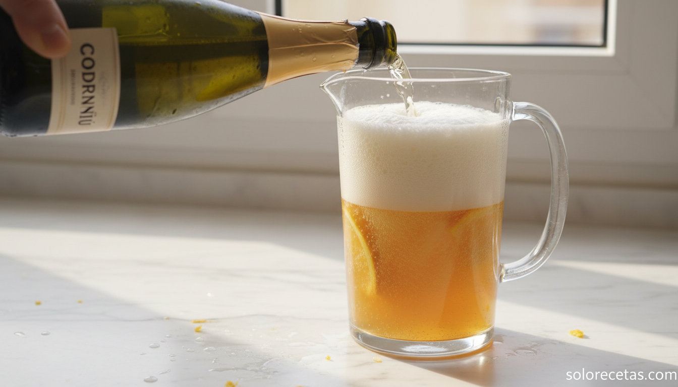 Agua de Valencia: receta auténtica del cóctel valenciano paso a paso 3 Vertiendo el cava frío en la jarra del agua de Valencia con burbujas subiendo