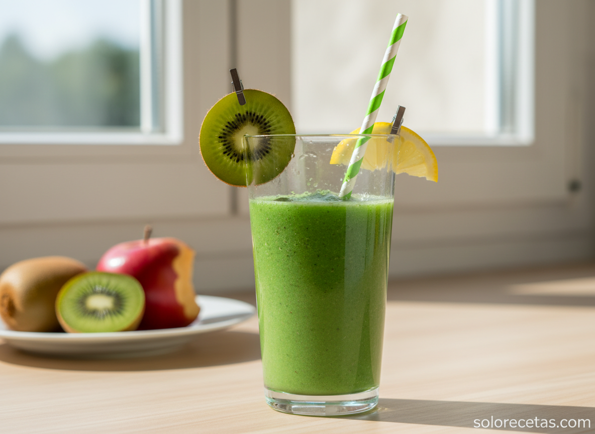 Batido de kiwi con manzana y naranja: receta refrescante 2 Vaso de batido de kiwi servido con rodajas de kiwi y limón en el borde