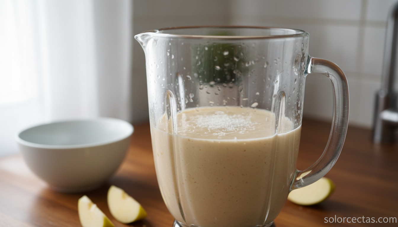 Batido de manzana cremoso: receta con coco y leche fria 2 Batido de manzana cremoso recien triturado en el vaso de la batidora