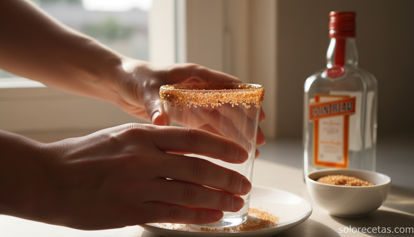 Batido de manzana cremoso: receta con coco y leche fria 3 Borde de copa rebozado en azucar moreno listo para servir el batido de manzana