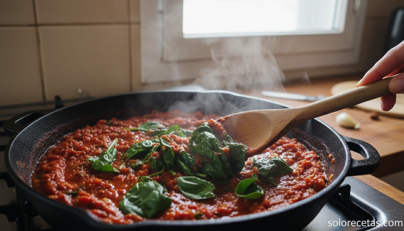 Berenjenas rellenas con espinacas y tomate: receta fácil al horno 8 Sofrito de espinacas y tomate cocinando en sartén