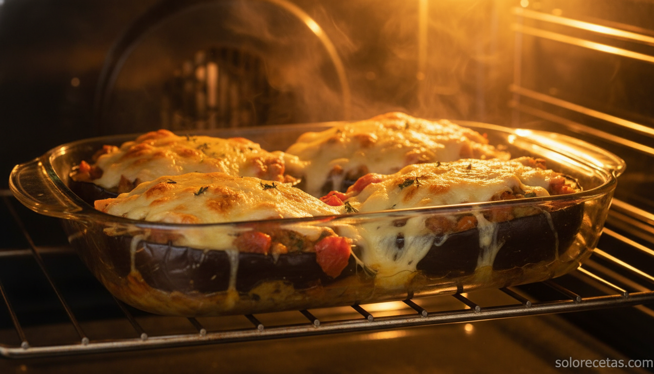 Berenjenas rellenas con espinacas y tomate: receta fácil al horno 9 Bandeja de berenjenas en el horno con queso gratinando