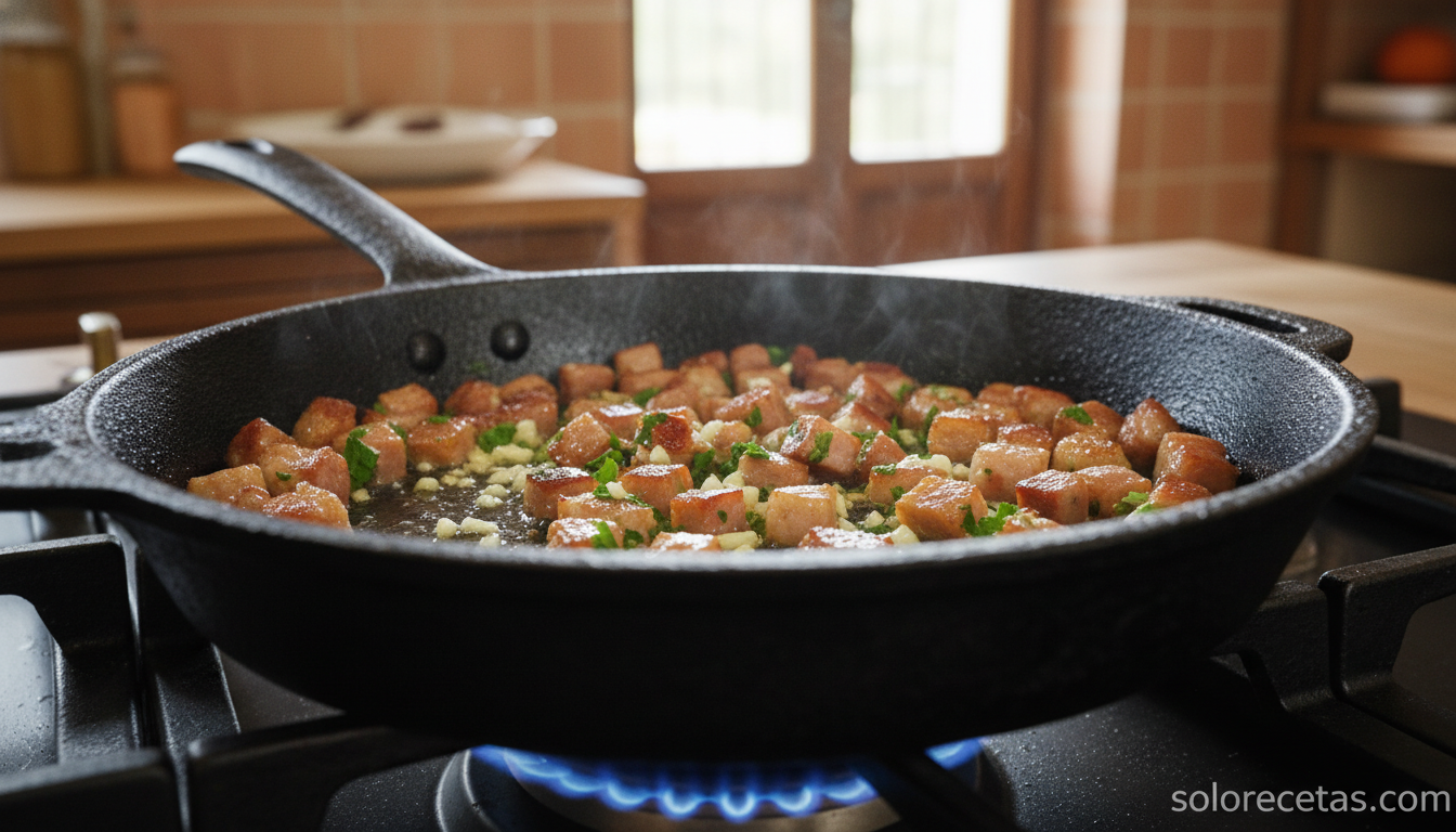 Bocaditos de patatas fritos: receta casera crujiente por fuera y cremosa por dentro 9 Jamon serrano dorandose en sarten con ajo y perejil para los bocaditos de patatas