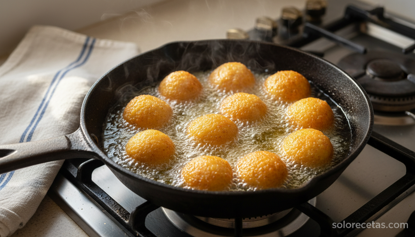 Bocaditos de patatas fritos: receta casera crujiente por fuera y cremosa por dentro 11 Bocaditos de patatas friendose en aceite de oliva caliente hasta dorarse