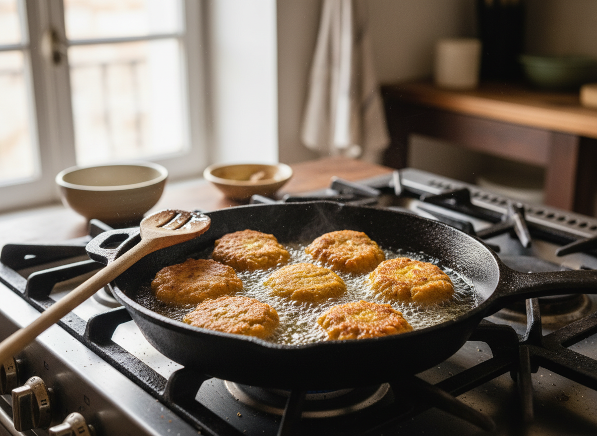 Buñuelos de calabaza friéndose en aceite de oliva caliente