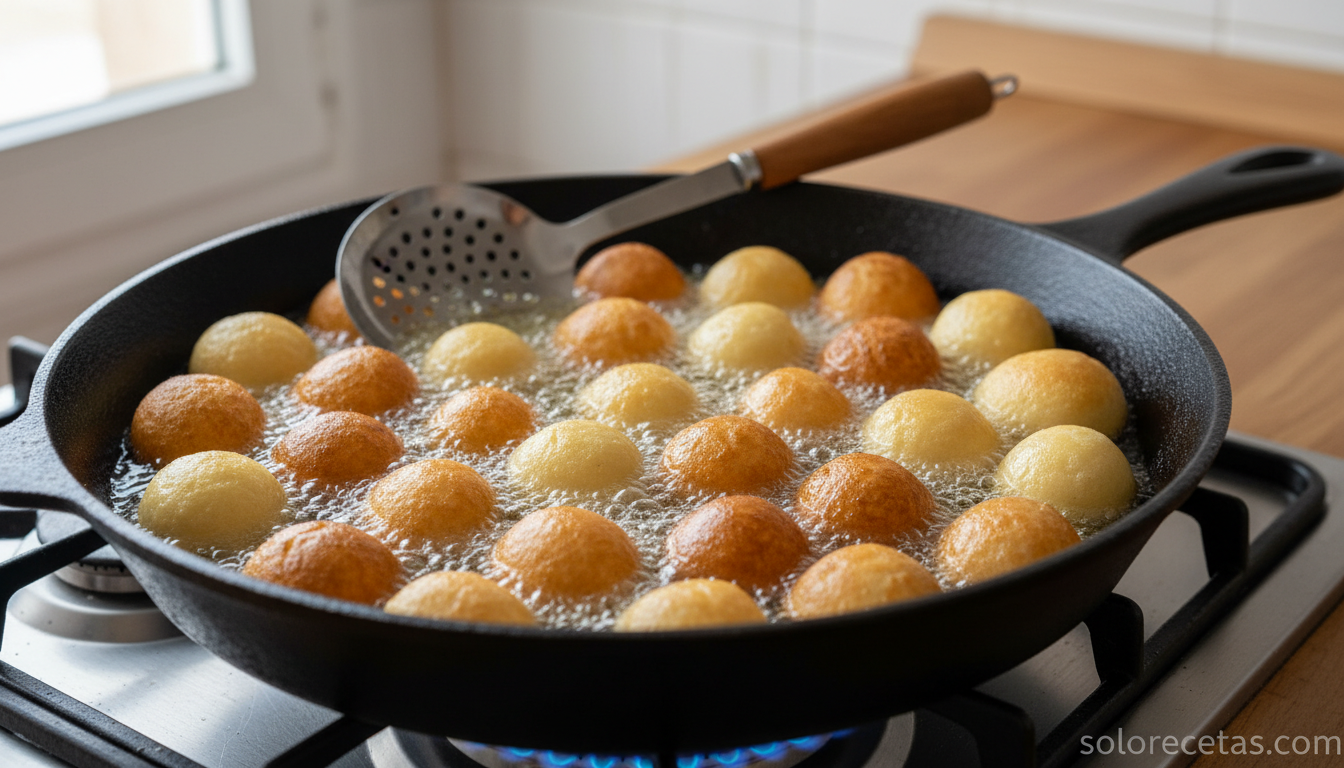 Buñuelos de viento friéndose en abundante aceite caliente