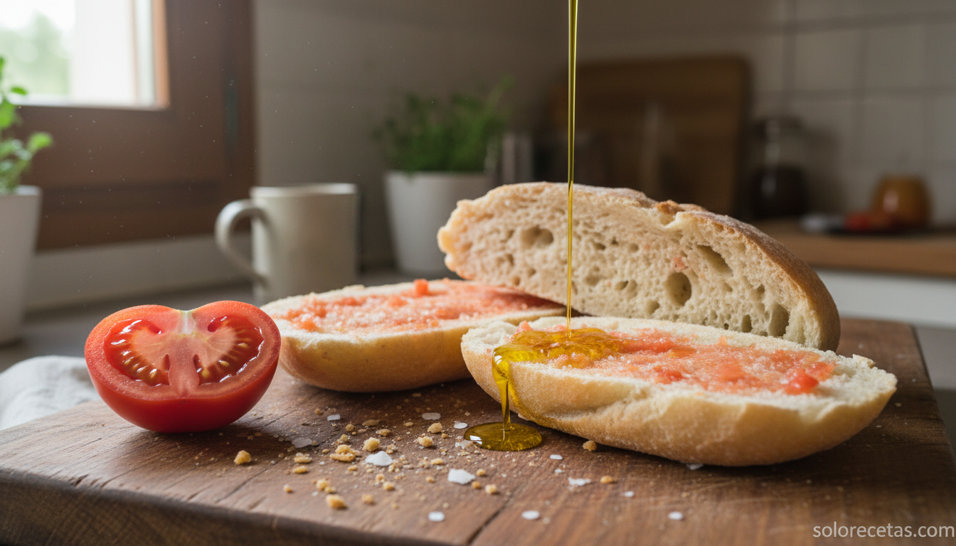 Pan de chapata abierto con tomate restregado y aceite de oliva