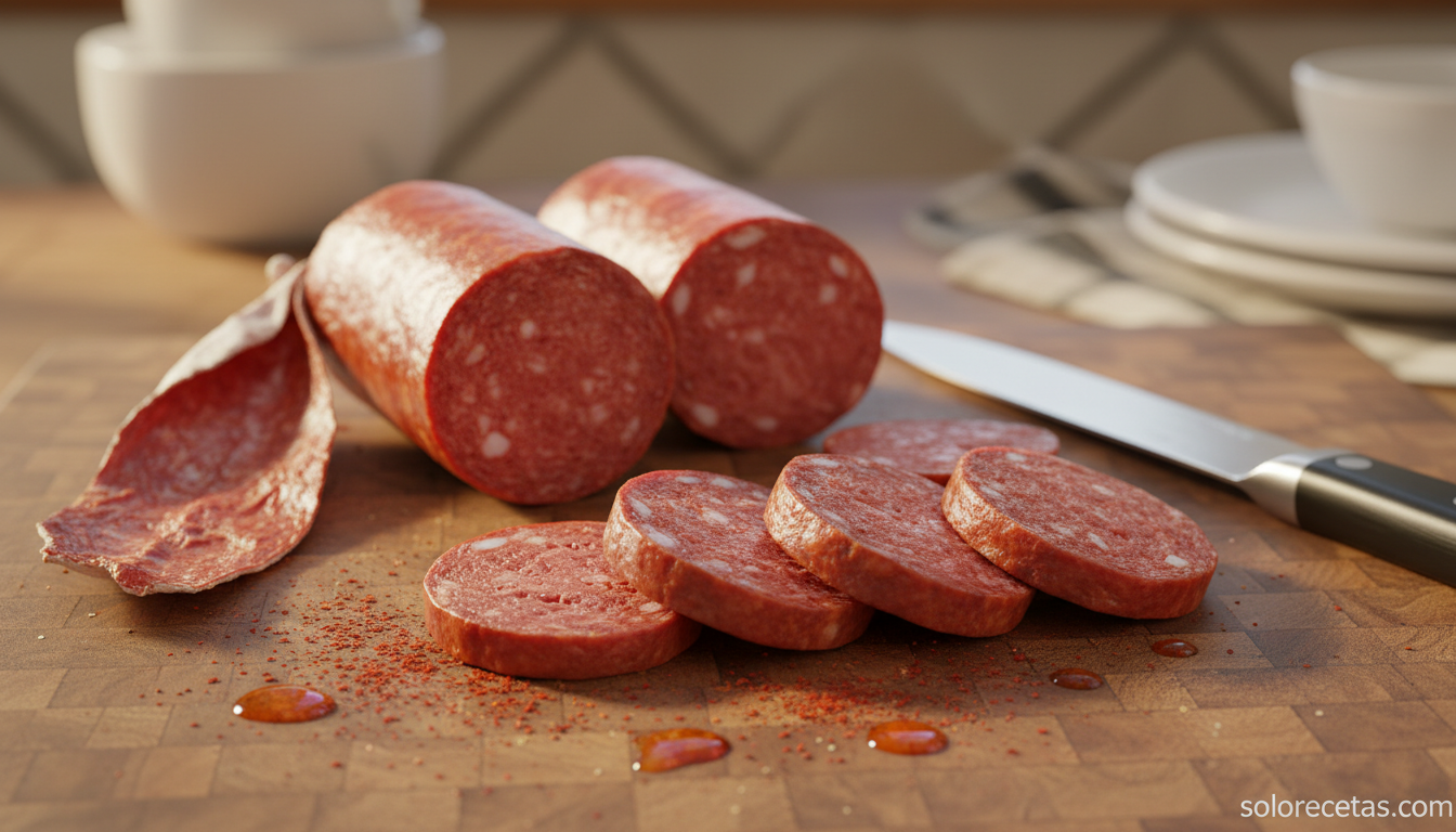 Chorizo empanado: receta casera crujiente por fuera y jugosa por dentro 2 Chorizo fresco cortado en rodajas gruesas sobre tabla de madera