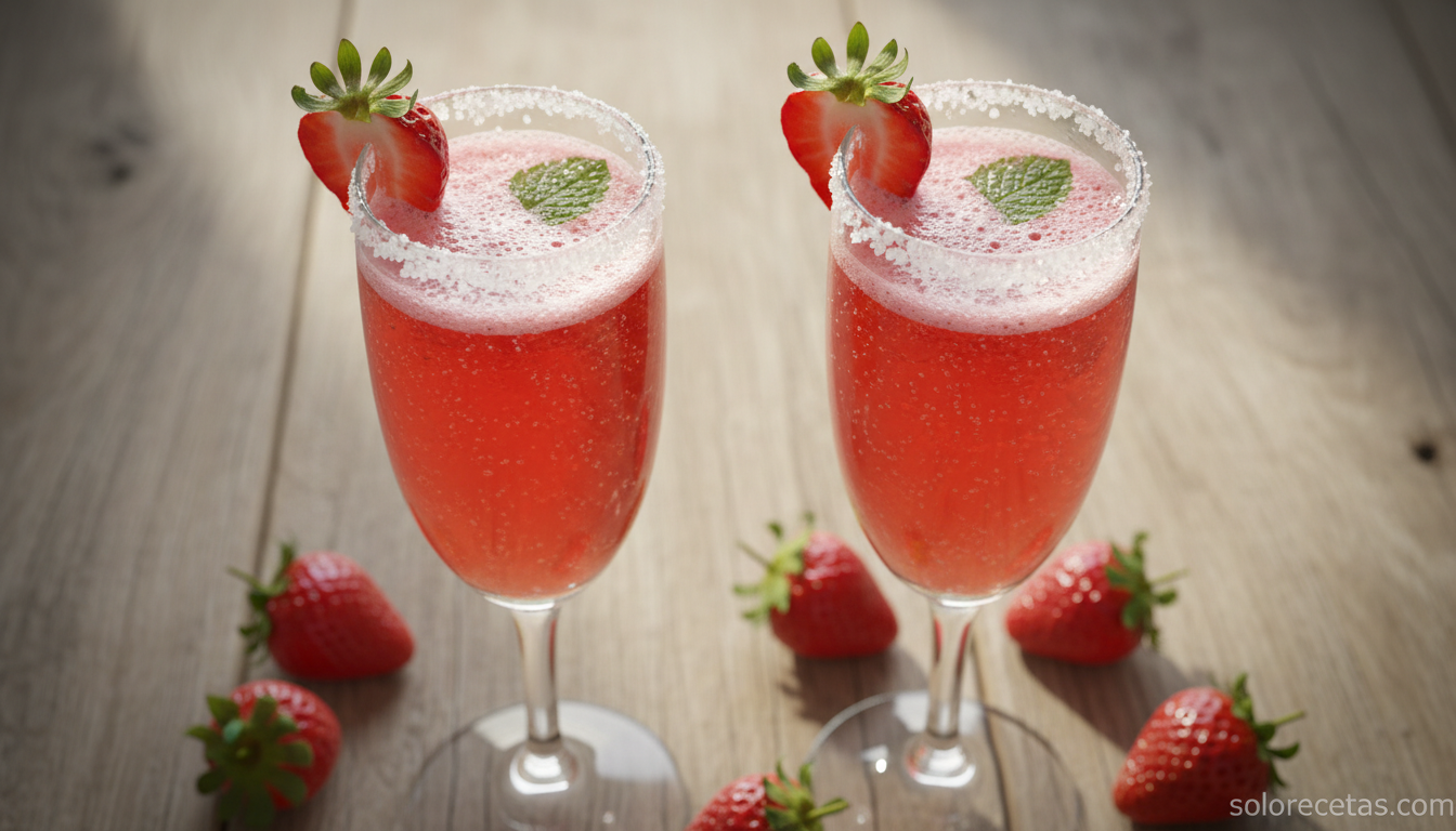 Cocktail de San Valentín con fresas servido en copa de champán con fresa y hierbabuena
