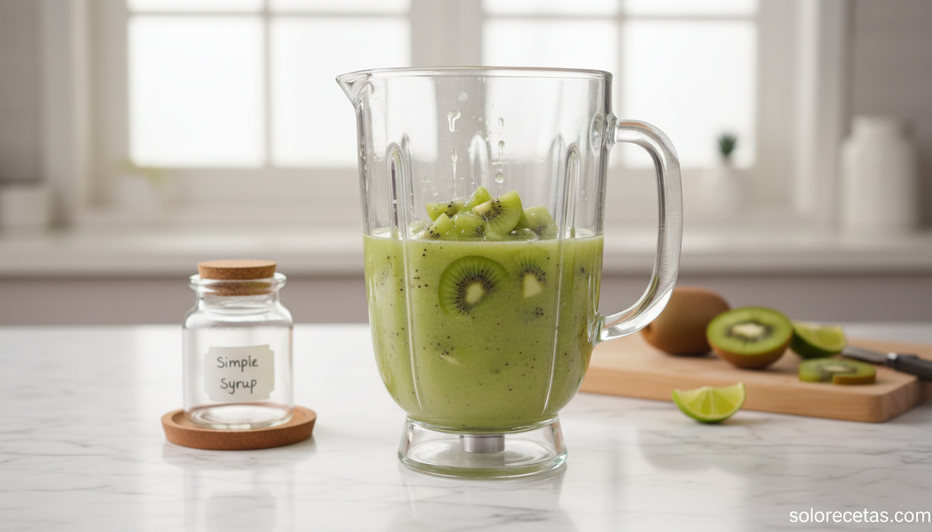 Cóctel de brandy con kiwi: receta refrescante paso a paso 2 Puré de kiwi verde brillante en vaso de batidora con lima y almíbar