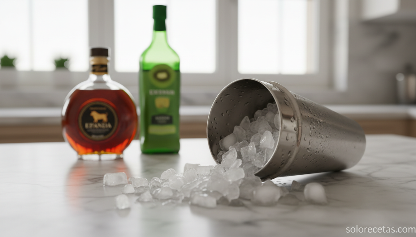 Cóctel de brandy con kiwi: receta refrescante paso a paso 3 Coctelera metálica con hielo picado, brandy y licor de kiwi sobre encimera