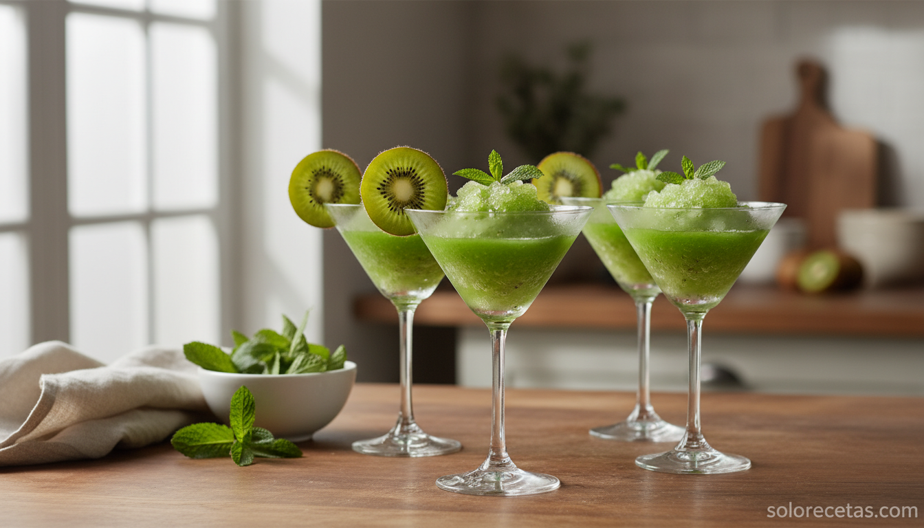 Cóctel de brandy con kiwi: receta refrescante paso a paso 4 Cuatro copas con cóctel de brandy y kiwi servido y decorado con kiwi y menta