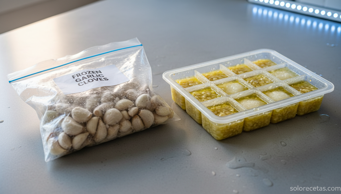 Ajos congelados en bolsa y cubitos de ajo picado con aceite