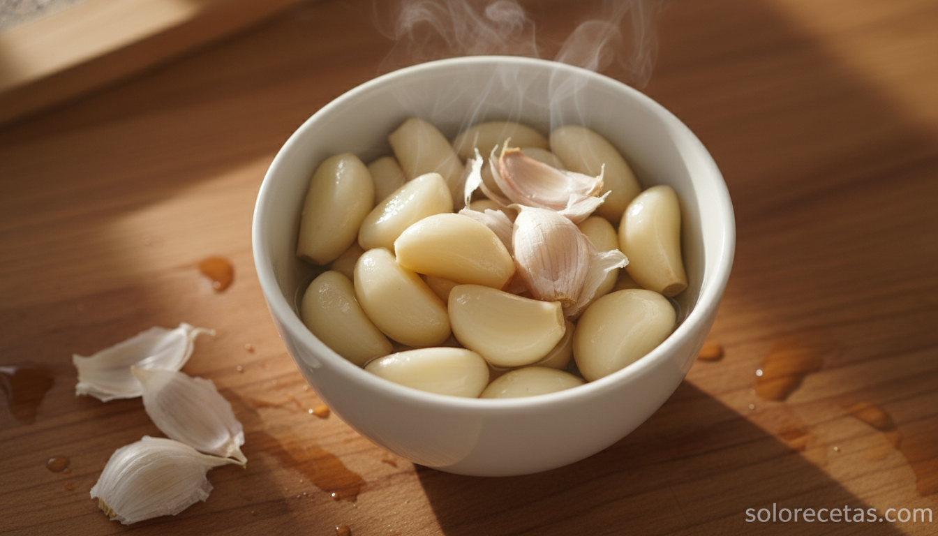 Cómo pelar ajos sin problemas: 4 trucos infalibles del cocinero 6 Dientes de ajo en un cuenco blanco tras un escaldado breve, con la piel suelta