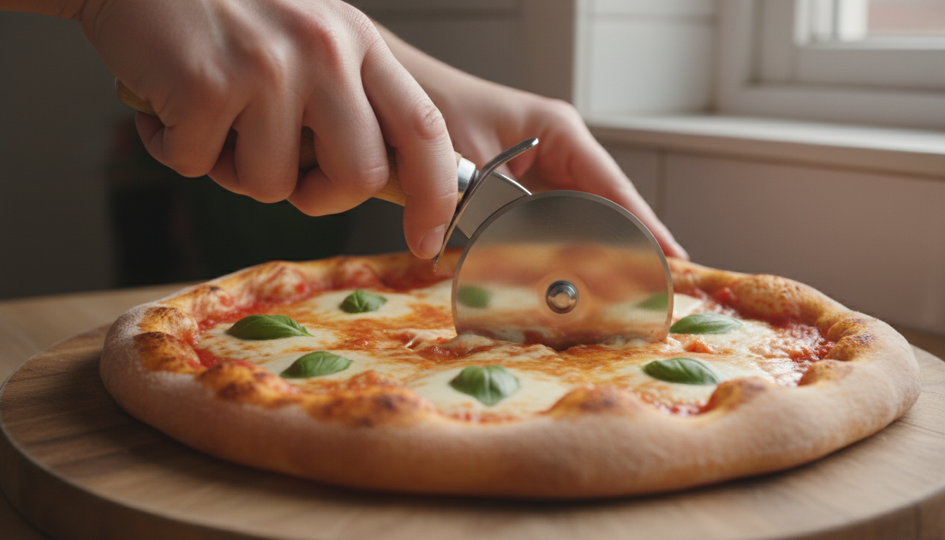 Cortapizzas: tipos, cómo elegir el bueno y trucos para cortar limpio 10 Mano cortando pizza margarita con cortapizzas de rueda de acero inoxidable