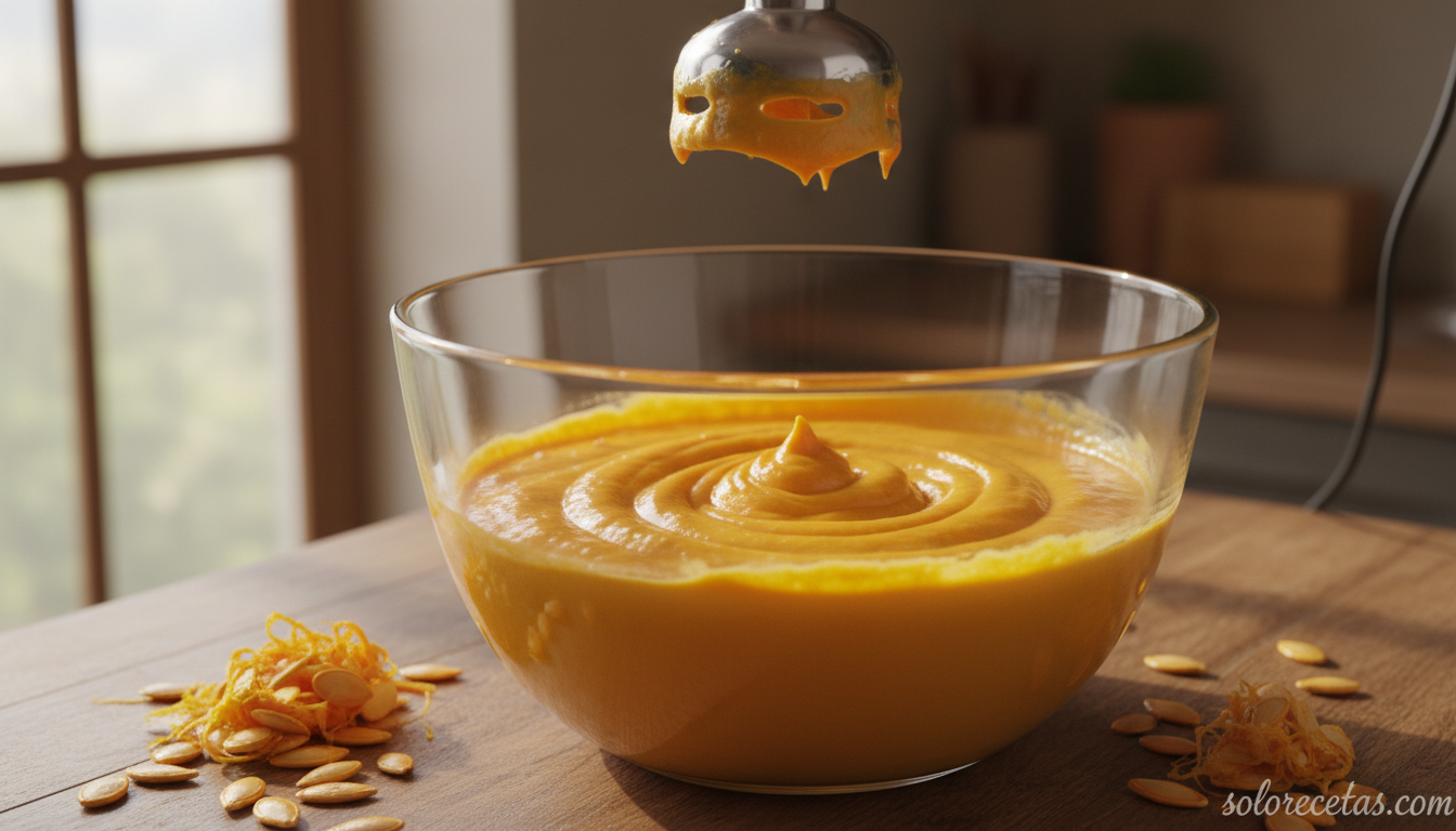 Crema de calabaza con patata: receta cremosa perfecta para otoño 13 Crema de calabaza recién batida en bol antes de servir