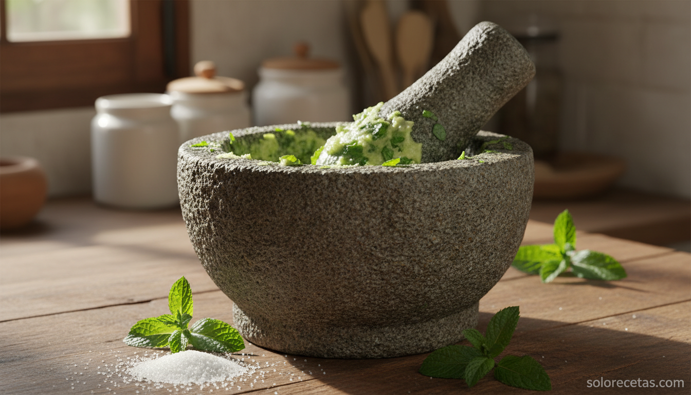 Crema de menta casera: salsa fresca para tus postres favoritos 25 Menta fresca machacada con azúcar en mortero de piedra