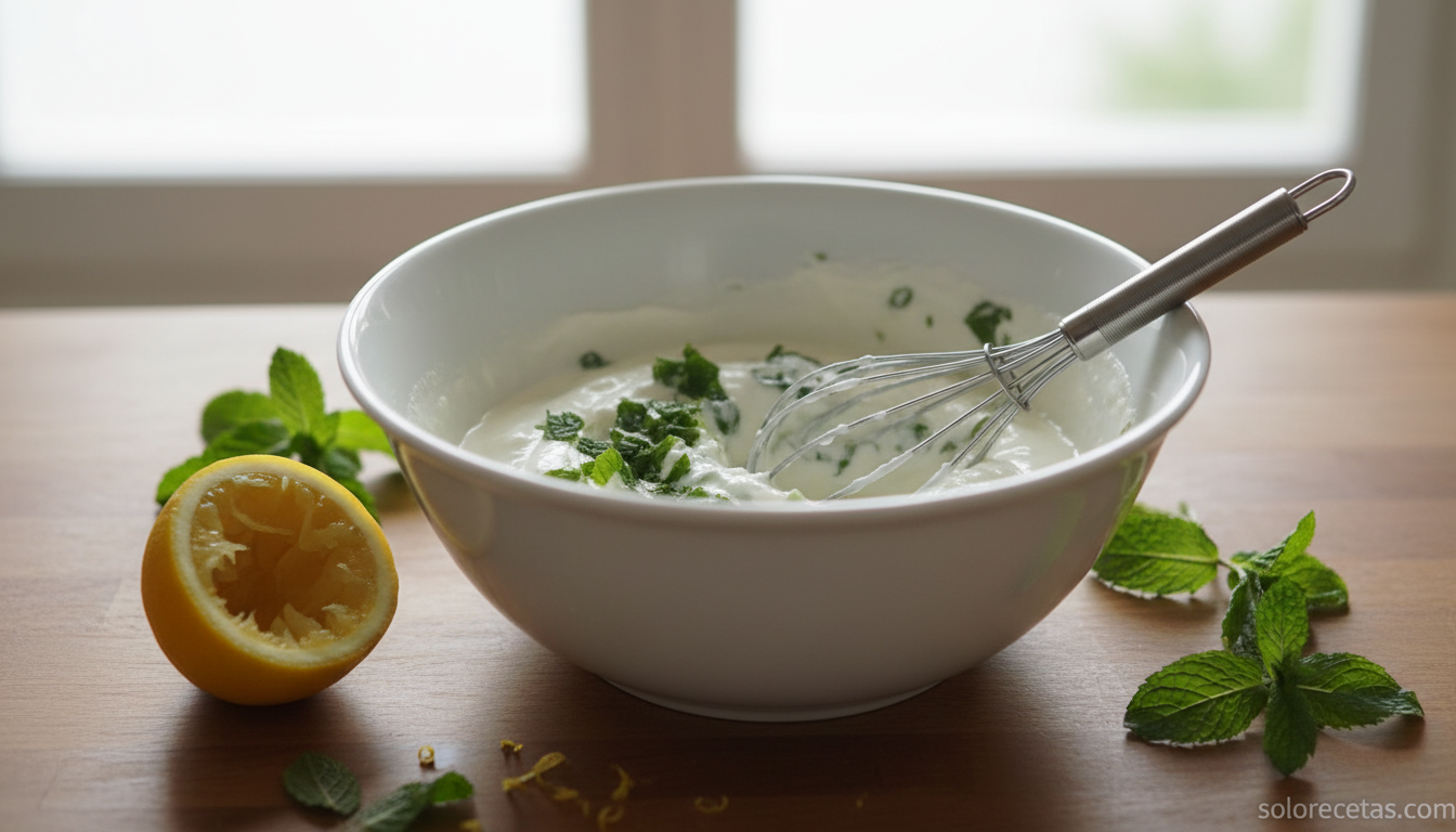 Crema de menta casera: salsa fresca para tus postres favoritos 26 Mezcla de yogur natural con menta machacada en un bol