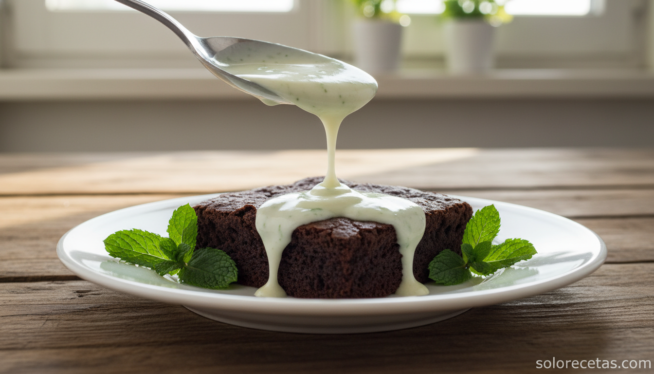 Crema de menta casera: salsa fresca para tus postres favoritos 27 Crema de menta casera servida sobre brownie de chocolate