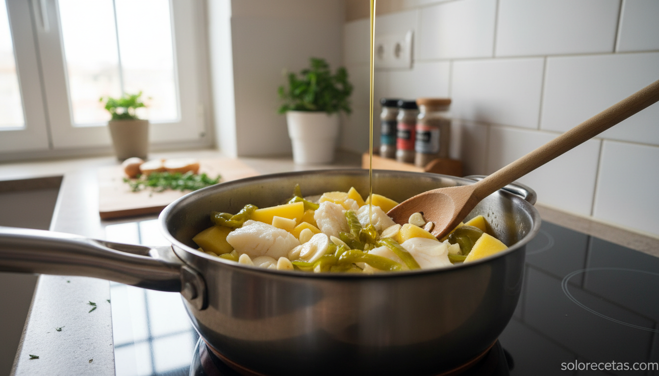 Crema de patata, pimiento verde y bacalao: receta ligera y con sabor 2 Cazuela con patata bacalao pimientos y ajo rehogandose antes de cocer