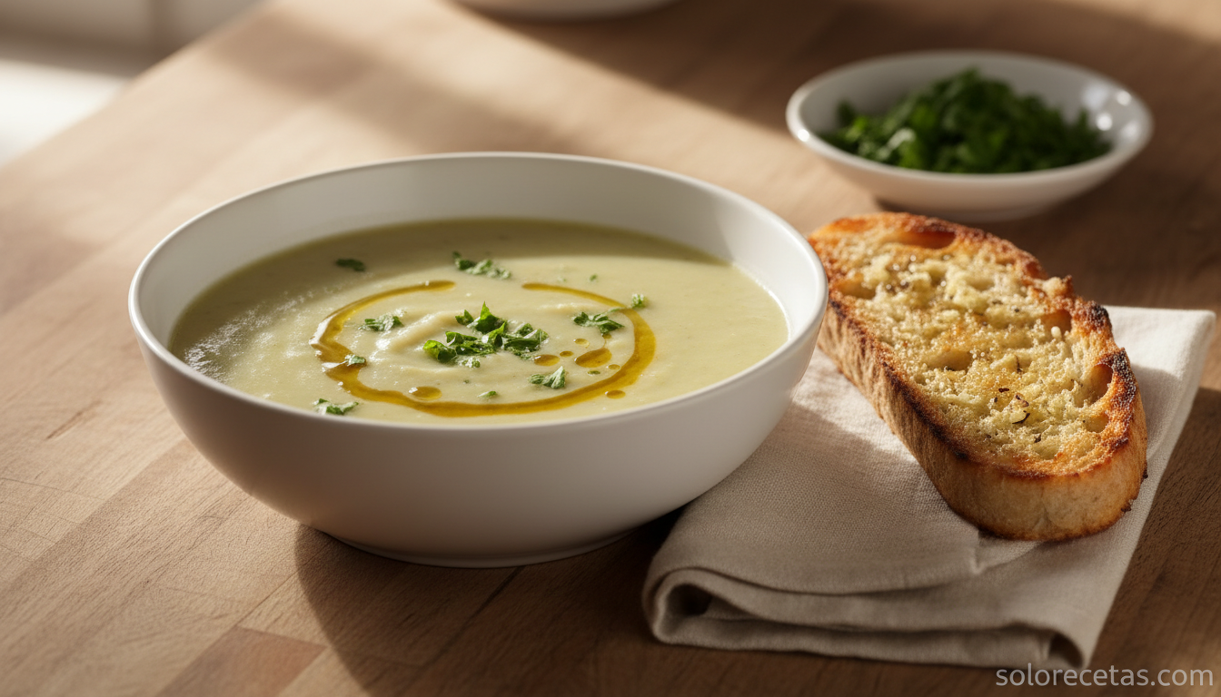 Crema de patata, pimiento verde y bacalao: receta ligera y con sabor 3 Crema de patata pimiento verde y bacalao servida con pan tostado y perejil