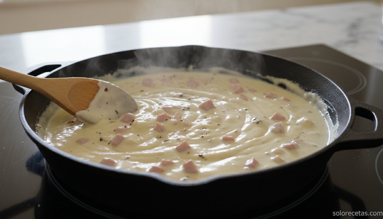 Croquetas de Navidad de jamón ibérico y trufa: receta cremosa 2 Bechamel con jamon iberico y trufa cociendose en sarten para croquetas de Navidad