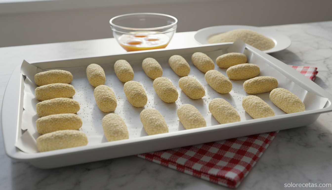 Croquetas de Navidad de jamón ibérico y trufa: receta cremosa 3 Croquetas de Navidad crudas formadas y rebozadas en pan rallado en bandeja