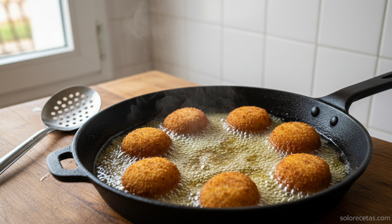 Croquetas de Navidad de jamón ibérico y trufa: receta cremosa 4 Croquetas de Navidad friendose en aceite de oliva en sarten honda doradas