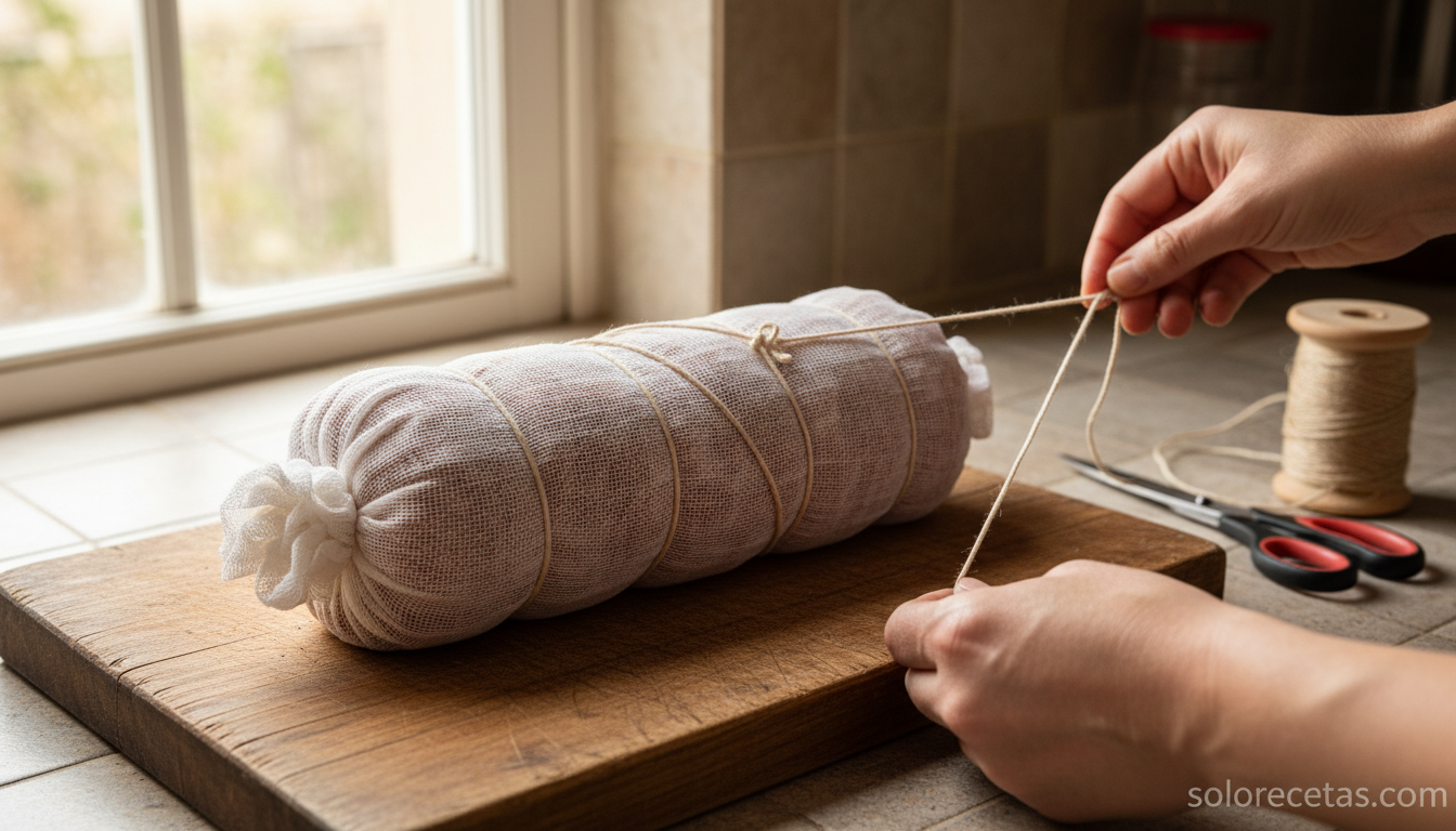 Embutido de jamón y pollo casero: receta de fiambre cocido en leche 2 Rulo de carne envuelto en gasa y atado con cordel sobre tabla de madera