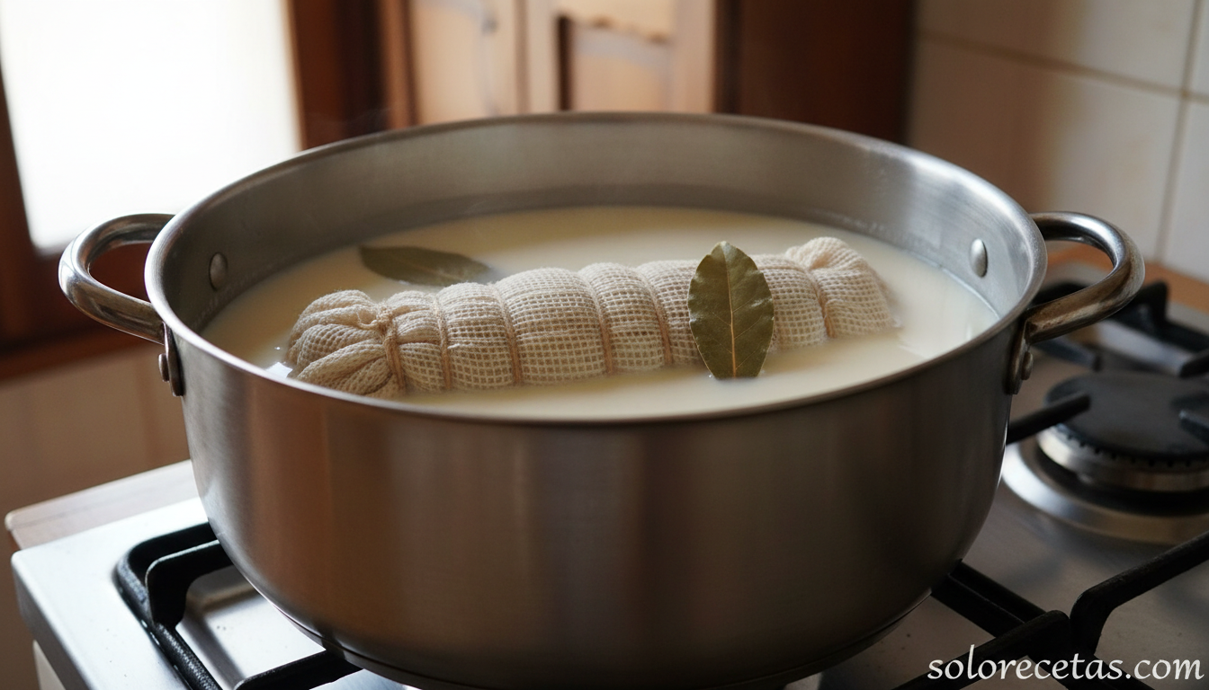 Embutido de jamón y pollo casero: receta de fiambre cocido en leche 3 Rulo de carne cociendo en una cazuela con leche y hojas de laurel