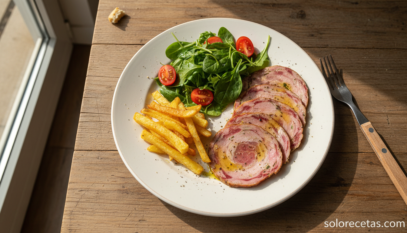 Embutido de jamón y pollo casero: receta de fiambre cocido en leche 4 Lonchas de embutido casero de jamón y pollo emplatadas con ensalada