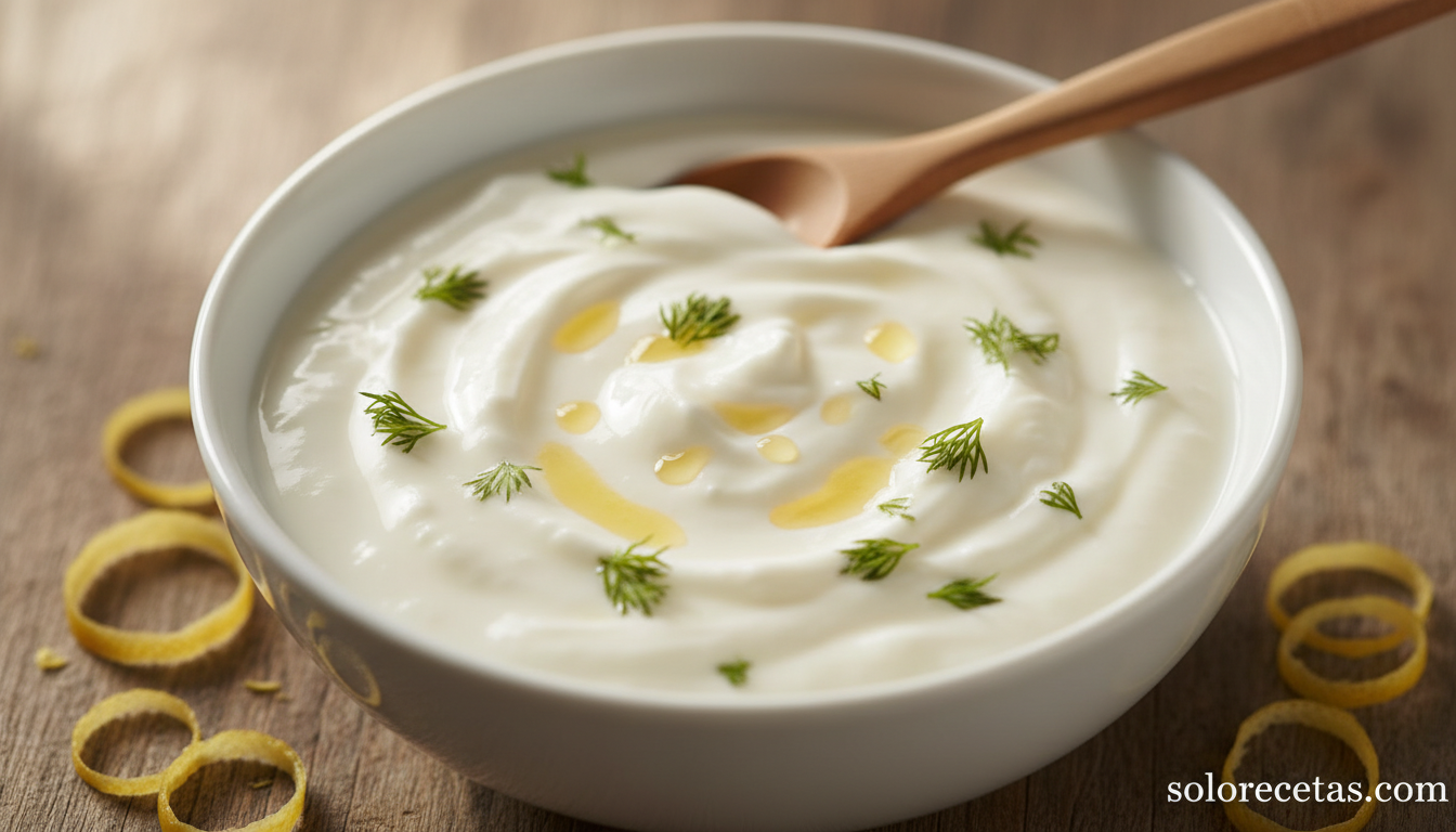 Ensalada de berberechos con salsa de yogur: receta fresca en 15 minutos 2 Salsa de yogur con eneldo y limon recien preparada en cuenco blanco