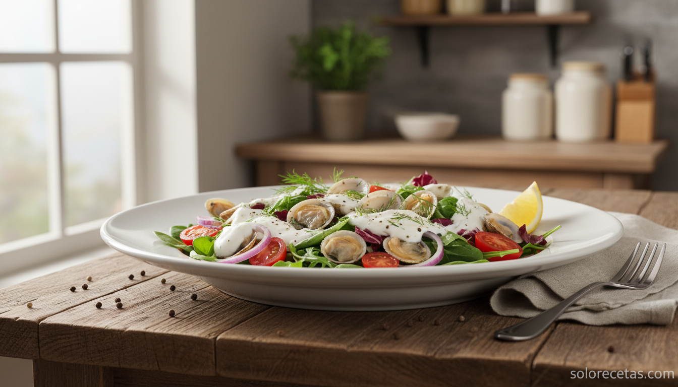 Ensalada de berberechos con salsa de yogur: receta fresca en 15 minutos 3 Ensalada de berberechos emplatada con salsa de yogur, eneldo y rodaja de limon