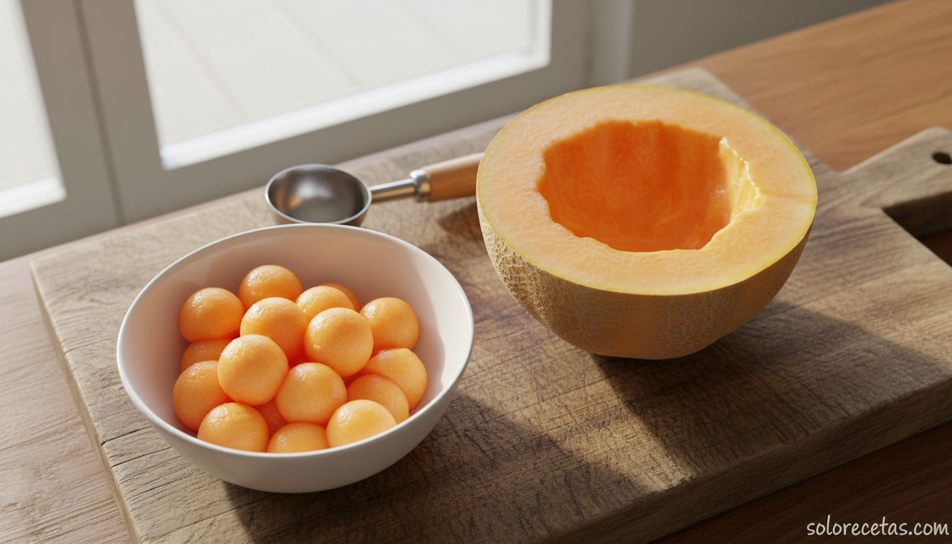 Melón vaciado con la pulpa en bolitas sobre tabla de madera