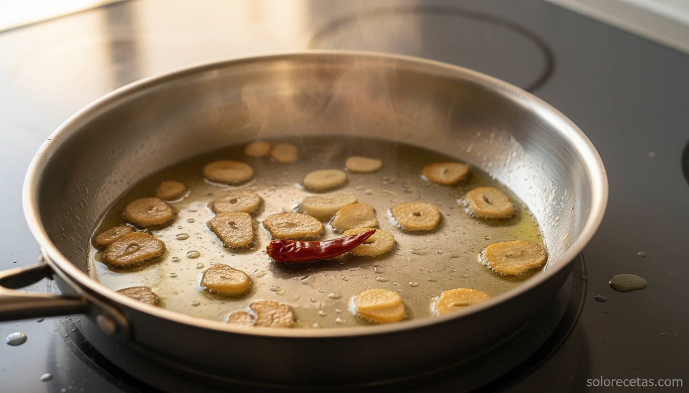 Ensalada de palitos de mar al ajillo: templada y fácil en 15 minutos 2 Ajos laminados dorándose en aceite de oliva con cayena en sartén